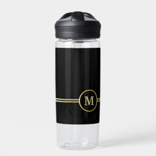 Bouteille D'eau Élégant or Monogramme personnalisé sur noir