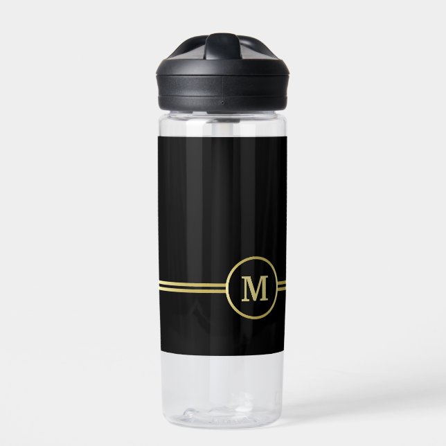 Bouteille D'eau Élégant or Monogramme personnalisé sur noir (Extérieur)