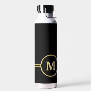 Bouteille D'eau Élégant or Monogramme personnalisé sur noir