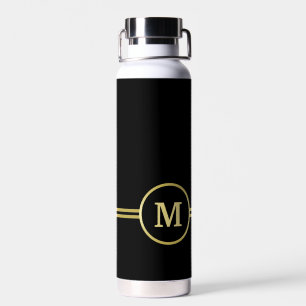 Bouteille D'eau Élégant or Monogramme personnalisé sur noir