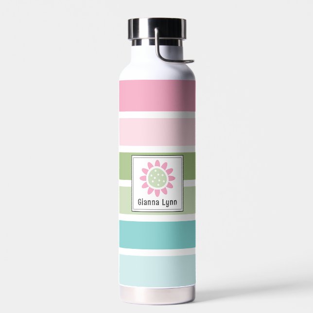 Bouteille D'eau Élégant Pastel Stripes Floral Monogramme (Gauche)