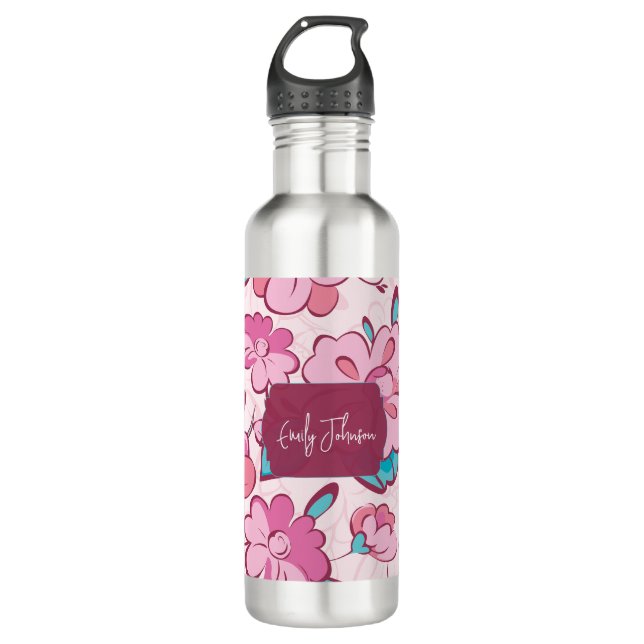 Bouteille D'eau Elegant Pink Blossom Custom Name Floral Design (Devant)