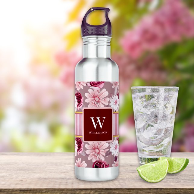 Bouteille D'eau Élégant rose floral rayure Monogramme Personnalise (Créateur téléchargé)