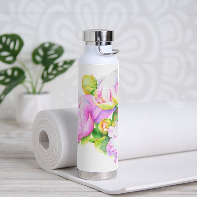 Bouteille D'eau Elégante aquarelle fleurie de pivoine rose (Yoga)