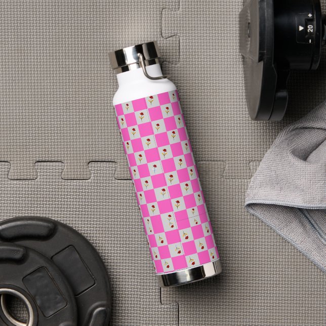 Bouteille D'eau Élégante Fleur Paillée Rose & Blanc Chic (Couvercle)
