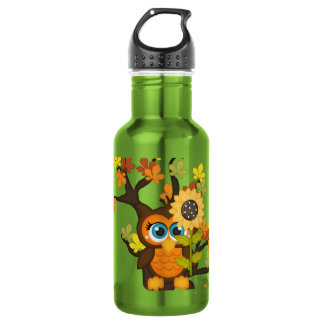 Bouteille D'eau En Acier Inoxydable Automne, Chouette automnale avec Fleurs de soleil