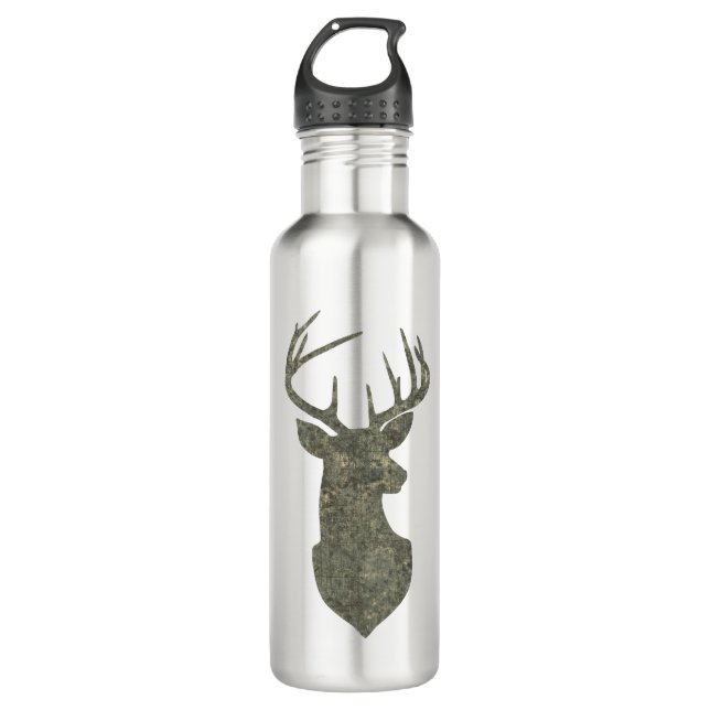 Bouteille D'eau En Acier Inoxydable Buck Trophée Cerf Silhouette en Camouflage Vert (Devant)