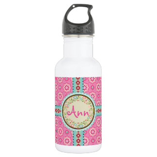 Bouteille D'eau En Acier Inoxydable Étiquette nominative et ruban rose et fleuri