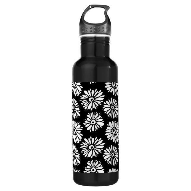 Bouteille D'eau En Acier Inoxydable Fleurs noires et blanches funky (Devant)