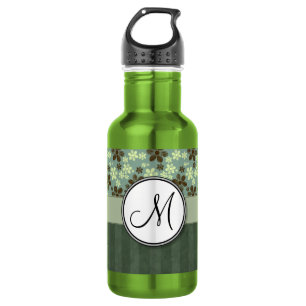 Bouteille D'eau En Acier Inoxydable Fleurs rétro Vert de mer avec des rayures et Monog