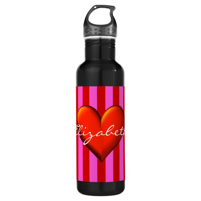 Bouteille D'eau En Acier Inoxydable Hot Pink, Red Stripes, Red Metallic Heart Monogram (Devant)