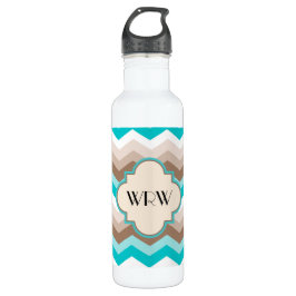 Bouteille D'eau En Acier Inoxydable Monogramme moderne Chevron Brown Turquoise