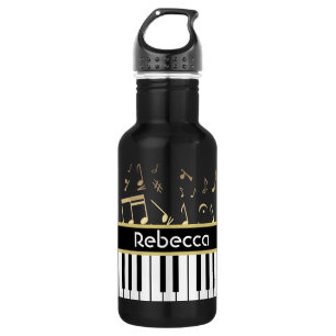 Bouteille D'eau En Acier Inoxydable Noir et or de notes musicales et de clés de piano