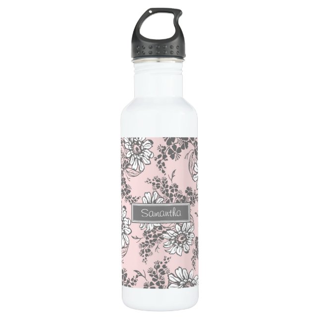 Bouteille D'eau En Acier Inoxydable Nom fait sur commande floral gris rose (Devant)
