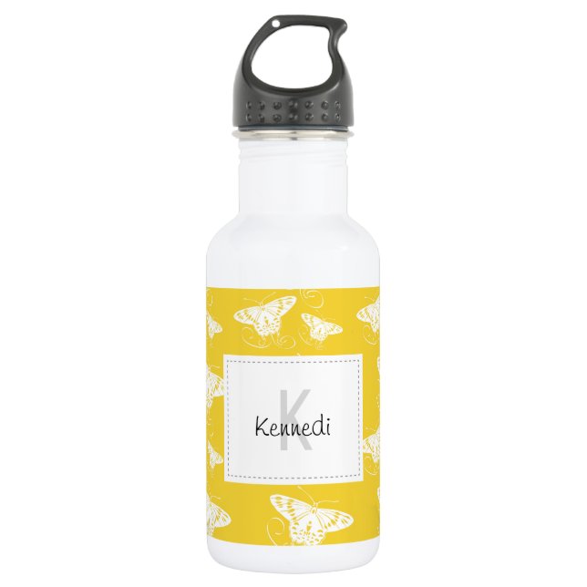 Bouteille D'eau En Acier Inoxydable Papillons graphiques blancs sur Bright Yellow (Devant)