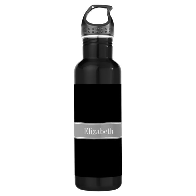 Bouteille D'eau En Acier Inoxydable Solid Black, Dark Gray Ribbon Nom Monogram (Devant)
