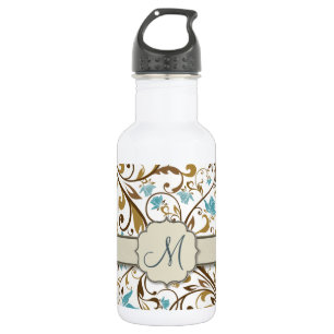 Bouteille D'eau En Acier Inoxydable Vin floral bleu et Brown Motif avec Monogramme