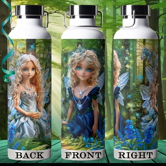 Bouteille D'eau Enchanter le papillon forestier des fées (Water bottle featuring a girly illustration of fairies in an enchanted forest with butterflies)
