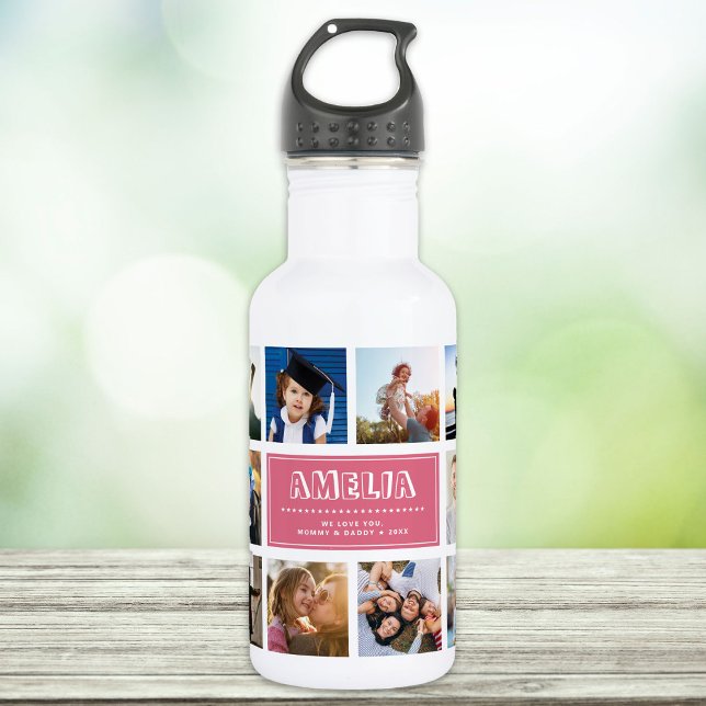 Bouteille D'eau Enfant personnalisé Nom Instagram Photos rose (Créateur téléchargé)