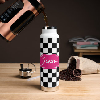 Bouteille D'eau étiquette rose chaud noir et blanc À damiers