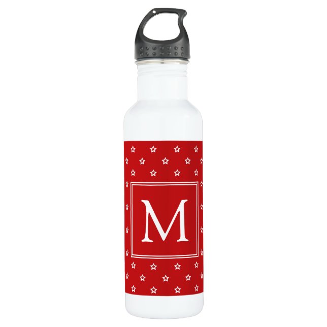 Bouteille D'eau Étoiles blanches sur Monogramme rouge vif (Devant)