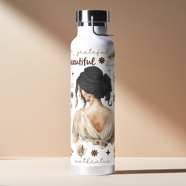 Bouteille D'eau Femme à l'aquarelle avec cheveux noirs Affirmation (Créateur téléchargé)