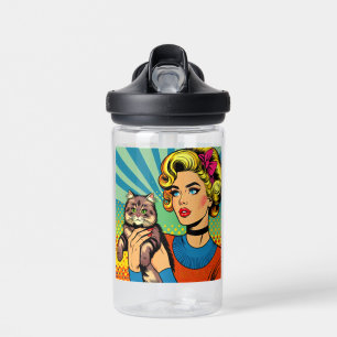 Bouteille D'eau Femme de l'art pop cartoonistique tenant un chat