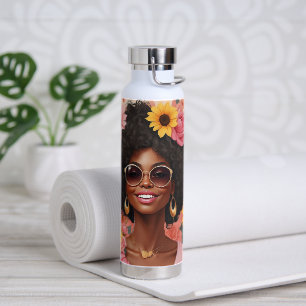 Bouteille D'eau Femme noire roses & tournesols bouclés afro sista