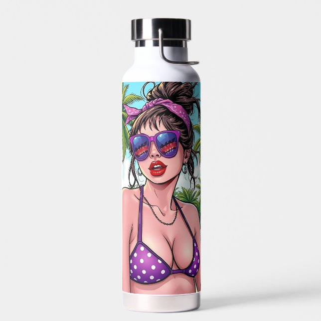 Bouteille D'eau Femmes en Bikini violet et Bandanna à la plage (Gauche)