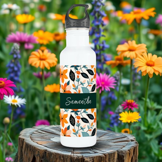 Bouteille D'eau Feuillage et fleurs orange et bleu Personnalisé (Créateur téléchargé)