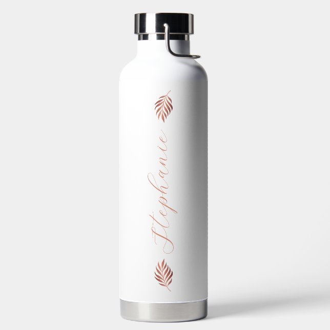 Bouteille D'eau Feuille Tropicale Or Rose moderne avec nom (Droite)