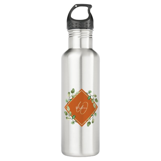 Bouteille D'eau Feuilles automnales orange et vert monogramme (Devant)