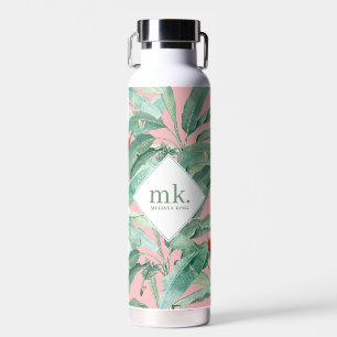 Bouteille D'eau Feuilles de bananes tropicales roses Monogrammes