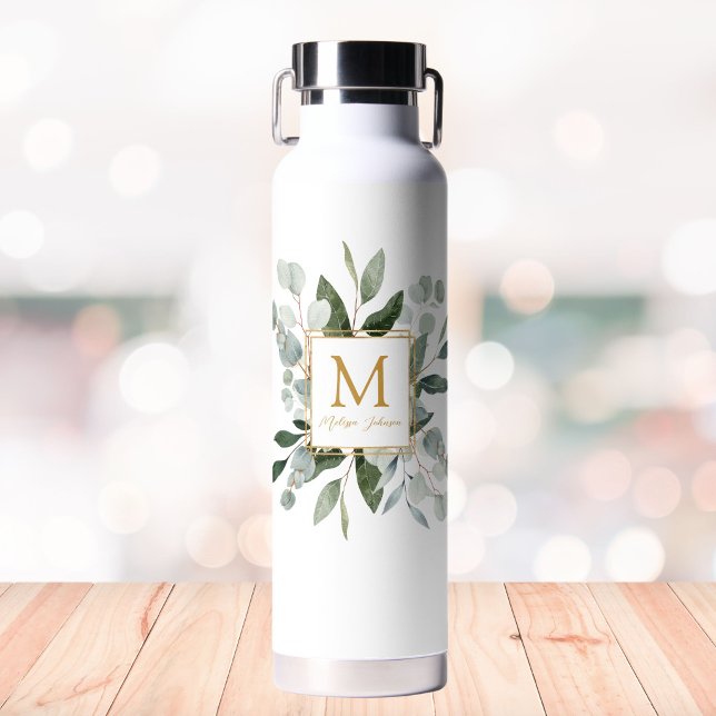 Bouteille D'eau Feuilles tropicales vertes aquarelle Monogramme (Créateur téléchargé)
