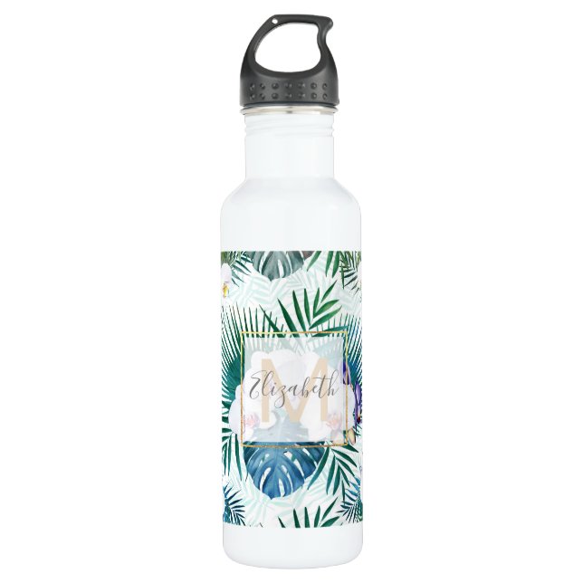 Bouteille D'eau Feuilles tropicaux et fleurs d'orchidées (Devant)