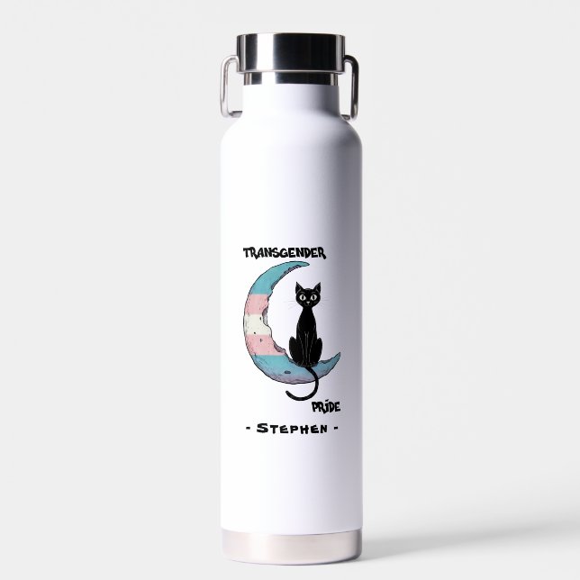 Bouteille D'eau Fierté transgenre - Chat noir sur la lune transsex (Avant)