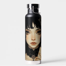 Bouteille D'eau Fille d'anime gothique noir et or personnalisée