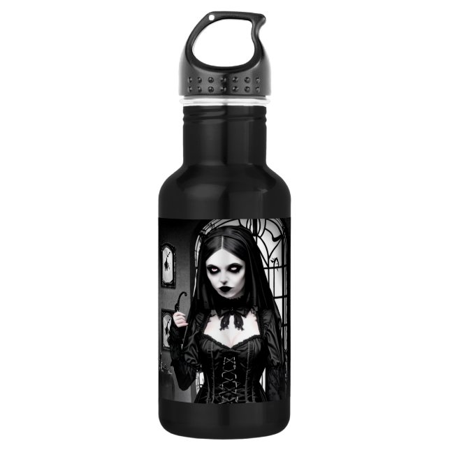 Bouteille D'eau Fille gothique Éffrayante noire et blanche (Devant)