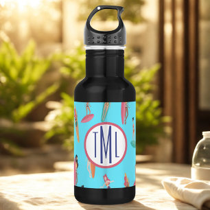 Bouteille D'eau Fille surfeuse à monogramme thème hawaïen