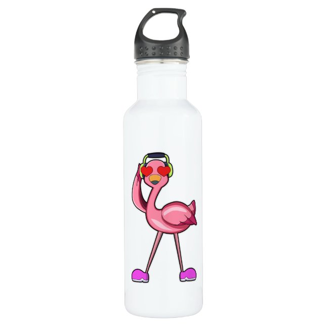Bouteille D'eau Flamant rose avec casque & Coeurs (Devant)