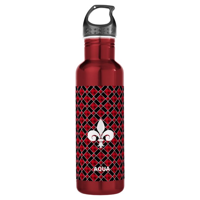 Bouteille D'eau Fleur de Lis sur À damiers noir & rouge (Devant)