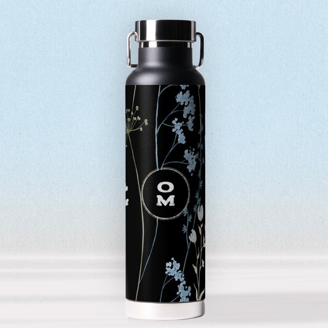 Bouteille D'eau Fleur sauvage moderne Monogramme noir clair bleu l (Black Blue Wildflower Water Bottle ©Susanne Sachers - Sunny Mind 🌞)