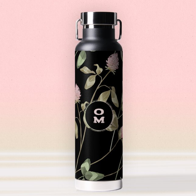 Bouteille D'eau Fleur sauvage moderne Monogramme Rose Vert Grand C (Clover Black Botanical Water Bottle ©Susanne Sachers - Sunny Mind Design 🌞)