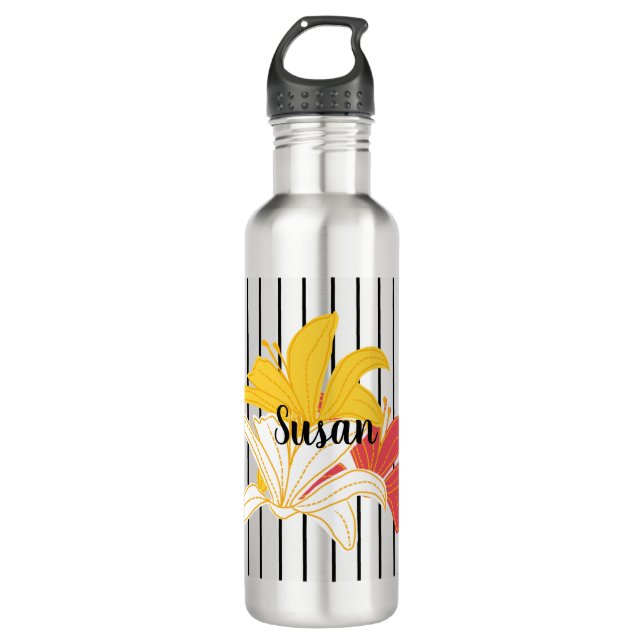 Bouteille D'eau Fleurs blanches jaunes orange sur bandes noires (Devant)