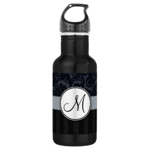 Bouteille D'eau Fleurs bleues et noires, bandes avec Monogramme