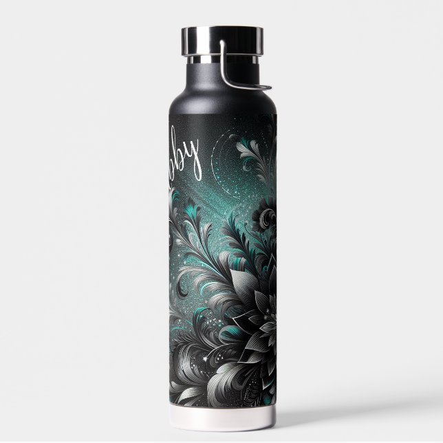 Bouteille D'eau Fleurs de parties scintillant Turquoises et noires (Gauche)
