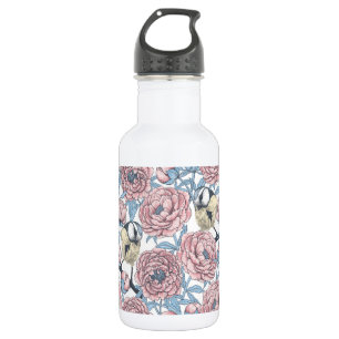 Bouteille D'eau Fleurs de pivoines et oiseaux