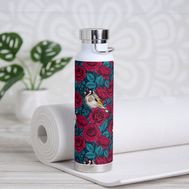 Bouteille D'eau Fleurs de roses rouges et oiseaux d'or (Yoga)
