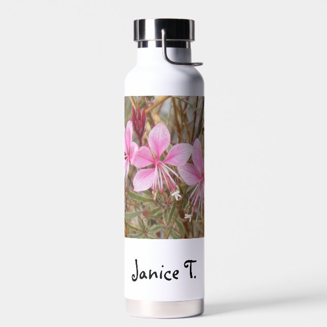 Bouteille d'eau - Fleurs roses avec nom (Gauche)