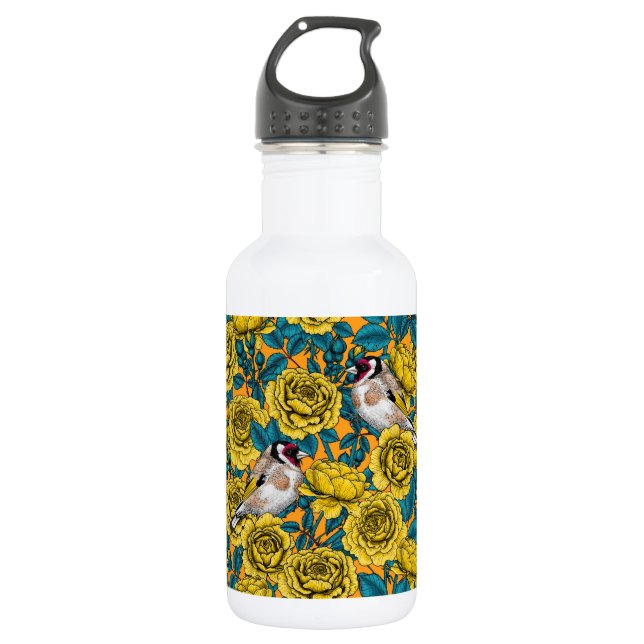 Bouteille D'eau Fleurs roses et oiseaux dorés (Devant)
